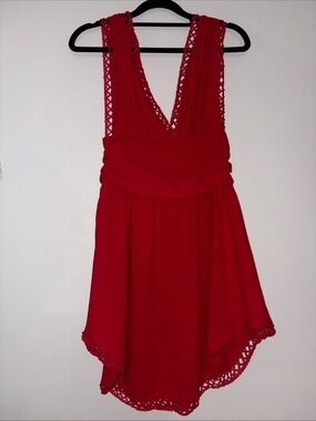 SHEIN Bright Red Textured Sundress with Crochet Detail